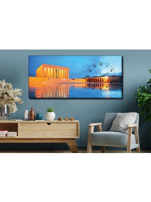 Marpanya Anıtkabir Modern Saatli Yatay Cam Duvar Tablo 110X50 cm Kırılmaz Temperli Cam YSYV001