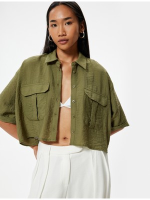Koton Oversize Crop Gömlek Kısa Kollu Kapaklı Cep Detaylı Viskoz Kumaş
