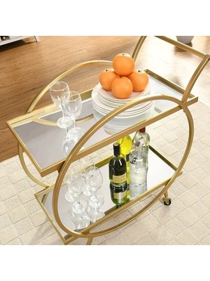 Tino Furniture Varşova Gold Metal Servis Arabası 6 Mm Ayna Raflı