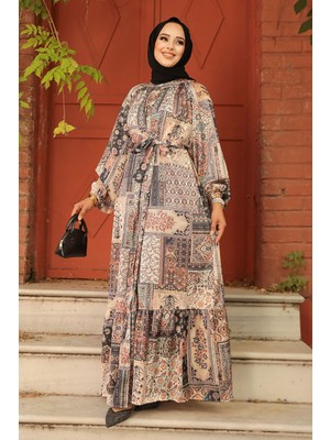 Neva Style Desenli Vizon Tesettür Elbise 23155V