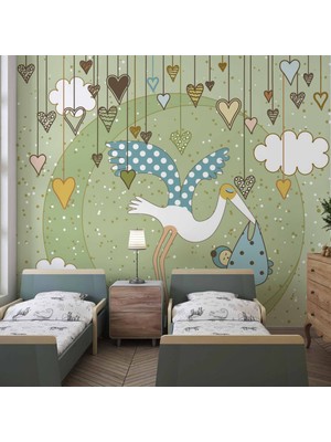 Duvar Kağıdı Baskı Bebek Getiren Sevimli Leylek Çocuk Odası Duvar Kağıdı