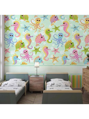 Duvar Kağıdı Baskı Deniz Atı ve Ahtapot Desenli Çocuk Odası Duvar Kağıdı