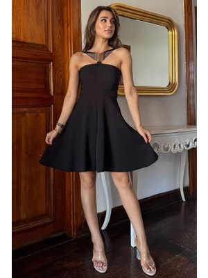 Gülseli Siyah Metal Tokalı Kloş Abiye Elbise P-00011696