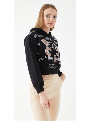 Zenne Siyah Baskılı Kapüşonlu Crop Sweatshirt