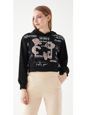 Zenne Siyah Baskılı Kapüşonlu Crop Sweatshirt