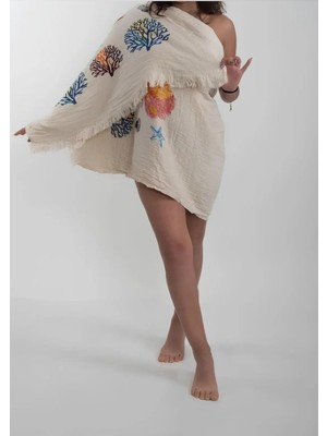 Filda Store Deniz Yaşamı Motifi Desenli   Organik Pamuk, Naturel,Müslin,peştemal, Plaj Havlusu, Pareo