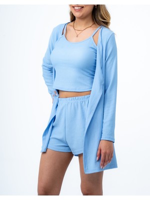 Bella Bonita 3'lü Bürümcük Sabahlıklı Askılı Şort Pijama Takımı