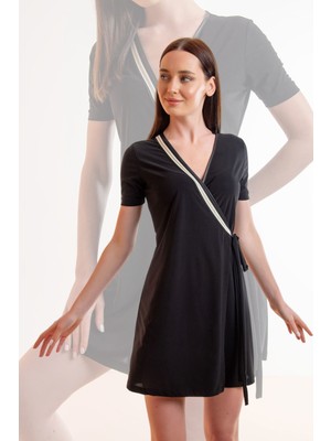 Laranor Şerit Detay Bağcıklı Kruvaze Elbise 40 - Siyah