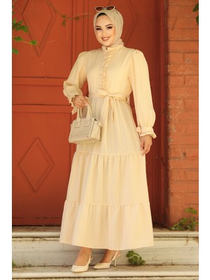 Neva Style Kat Piliseli Bej Tesettür Elbise 617BEJ