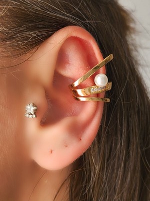 Eva Takı Inci Model Kıkırdak Küpesi Ear Cuff Gold Renkli