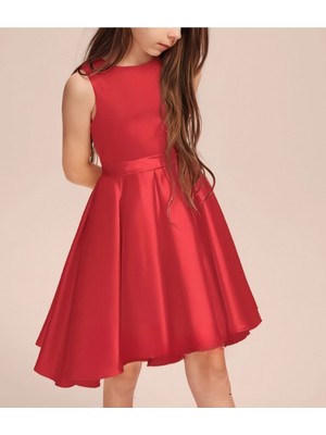 Nsm Kız Çocuk Kırmızı Zarif Kısa Asimetrik Elbise Doğum Günü Balo Mezuniyet Elbise