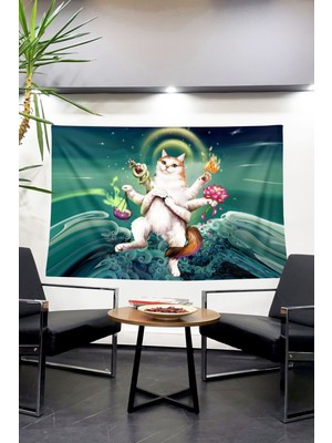 Saten Ganesha Meditasyon Kedi Duvar Örtüsü Duvar Halısı Tapestry Hinduism Modern 150 x 100 Çok Renk