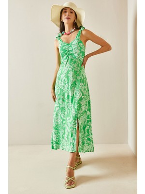 Xhan Yeşil Etnik Desenli Yırtmaçlı Midi Elbise 5YXK6-48710-08