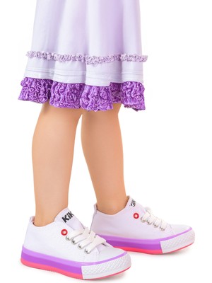 Kiko Kids Tinna Bağcıklı Kız Bebek Keten Spor Ayakkabı Beyaz - Pembe
