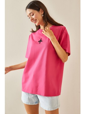 Xhan Fuşya Bisiklet Yaka Yazılı Oversize Tshirt 5YXK1-48701-07