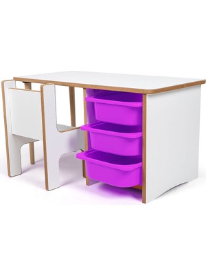 Prime Dükkan 3 Çekmeceli Oyun, Aktivite, Etkinlik Masası, Beyaz-Lila, 18mm Mdf
