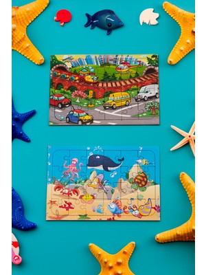 Hoby Games Okul Öncesi Başlangıç Yapboz Taşıtlar Ve Sevimli Okyanus Ahşap Puzzle Set