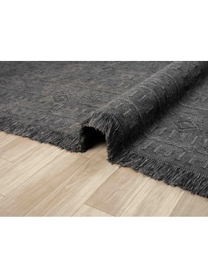 Carpetrium Home Antique Trk Antrasit Grey - Dört Tarafı Saçaklı Pamuklu Yıkanabilir Kilim