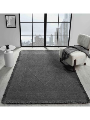 Carpetrium Home Antique Mnc Antrasit Grey - Dört Tarafı Saçaklı Pamuklu Yıkanabilir Kilim