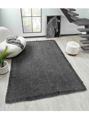 Carpetrium Home Antique Trk Antrasit Grey - Dört Tarafı Saçaklı Pamuklu Yıkanabilir Kilim