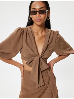 Koton Önden Bağlamalı Crop Balon Kol Bluz