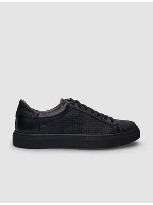 Cabani %100 Hakiki Deri Siyah Bağcıklı Desenli Erkek Sneaker