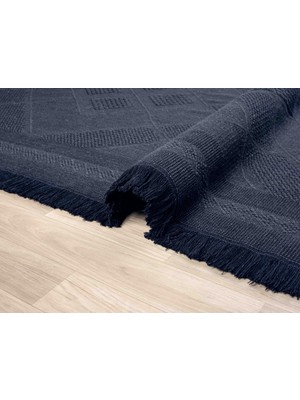 Carpetrium Home Antique Spt Dark Blue - Dört Tarafı Saçaklı Pamuklu Yıkanabilir Kilim