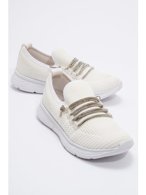 Ccway Kadın Taşlı Triko Ayakkabı Beyaz Beyaz