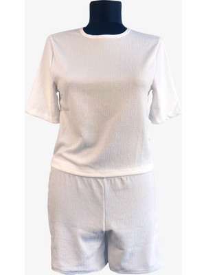 Herita Crop Pijama Sort Takim Beyaz Desenli