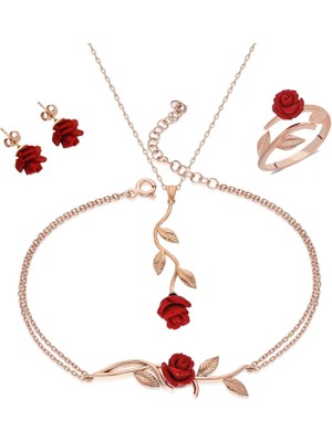 Pigado 925 Ayar Gümüş Zirkon Taşlı Gül Kolye Küpe Bileklik Yüzük Seti