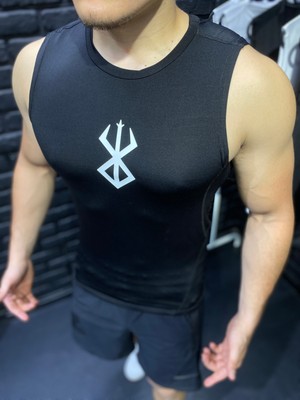 Yhm Sporcu Atlet Süper Esnek Kolsuz Fitness Tank Top Siyah Berserk Baskılı