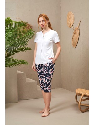 Pjs Pijama 25168 Kadın Kısa Kollu Düğmeli Desenli Kapri Takım