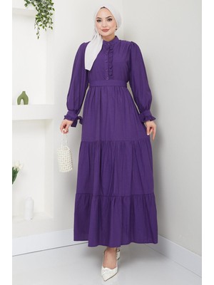 Hafsa Mina Önü Fırfırlı Kolu Bağlamalı Elbise Mor HM2078