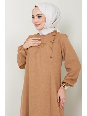 Haf Samina Düğme Detaylı Elbise Camel Hm2436