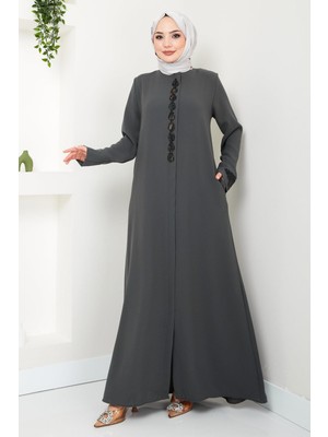 Hafsa Mina Damla Taş Detaylı Ferace Füme HM2435