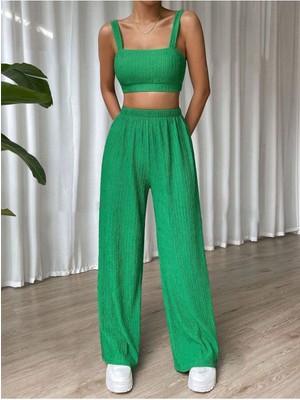 Trendseninle Yeşil Bürümcük Krinkıl Örme Crop Pantolon Takım