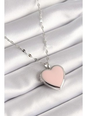 Herşey Nota 316L Paslanmaz Açık Pembe Kalp Içine Fotoğraf Koyulabilen Çelik Kadın Kolye 44 cm