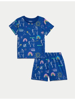 Marks & Spencer Saf Pamuklu Unicorn Desenli Şortlu Pijama Takımı