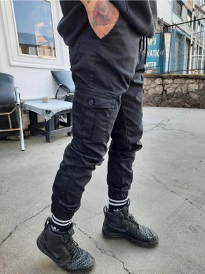 Tarz Cool Slim Fit None Denim Yandan Cepli Bel Bağcıklı, Paçaları Lastikli Esnek Kumaş Erkek Kargo Pantolon