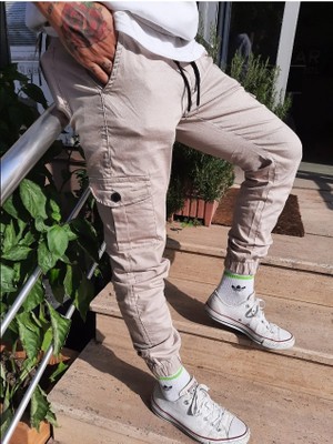 Tarz Cool Slim Fit None Denim Yandan Cepli Bel Bağcıklı, Paçaları Lastikli Esnek Kumaş Erkek Kargo Pantolon