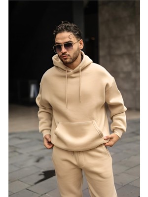 Yakamel Erkek Vizon 3 Iplik Bol Kesim Kapşonlu Sweatshirt