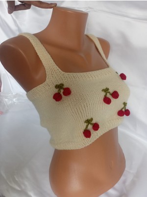 Mam Shop Crop Top Büstiyer Açık Sarı Kiraz Detaylı Handmade