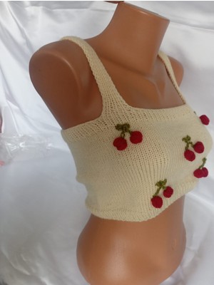 Mam Shop Crop Top Büstiyer Açık Sarı Kiraz Detaylı Handmade