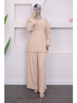 İmaj Butik Bej Piliseli Şifon Tunik Pantolonlu Takım
