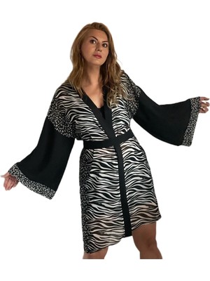 To The Moon & Sun Zebra Leopar Şifon Kimono Ceket