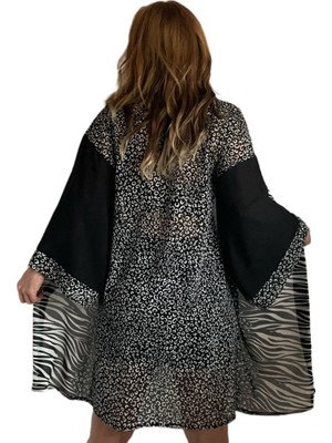 To The Moon & Sun Zebra Leopar Şifon Kimono Ceket