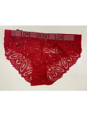 Papatya Taşlı Love Secret Yazılı Dantelli Kırmızı Külot 2'Li Paket