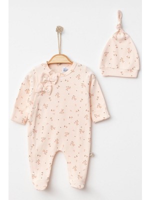 Miniropa Çiçekli Fiyonklu Yenidoğan Kız Bebek Tulumu Pembe Fitilli Patikli Bebek Tulumu