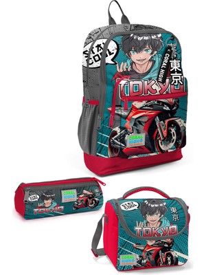Coral High Kids Gri Nefti Anime Motorsiklet Desenli 3’lü Okul Çanta Seti SET0123764