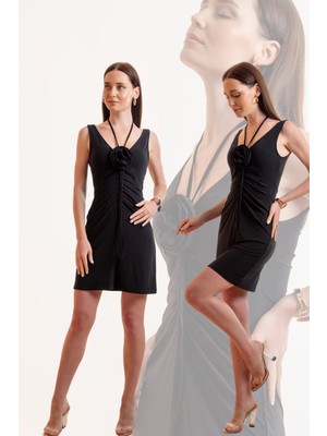 V Yaka Gül Detay Tasarım Büzgülü Elbise (Gündüz/gece Şıklığı) 40 - Siyah